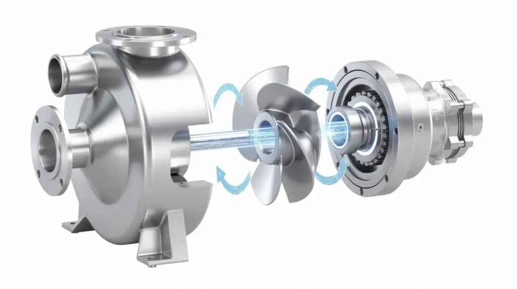 Exploded 3D view of a sanitary SS centrifugal pump showing impeller and mechanical seal
