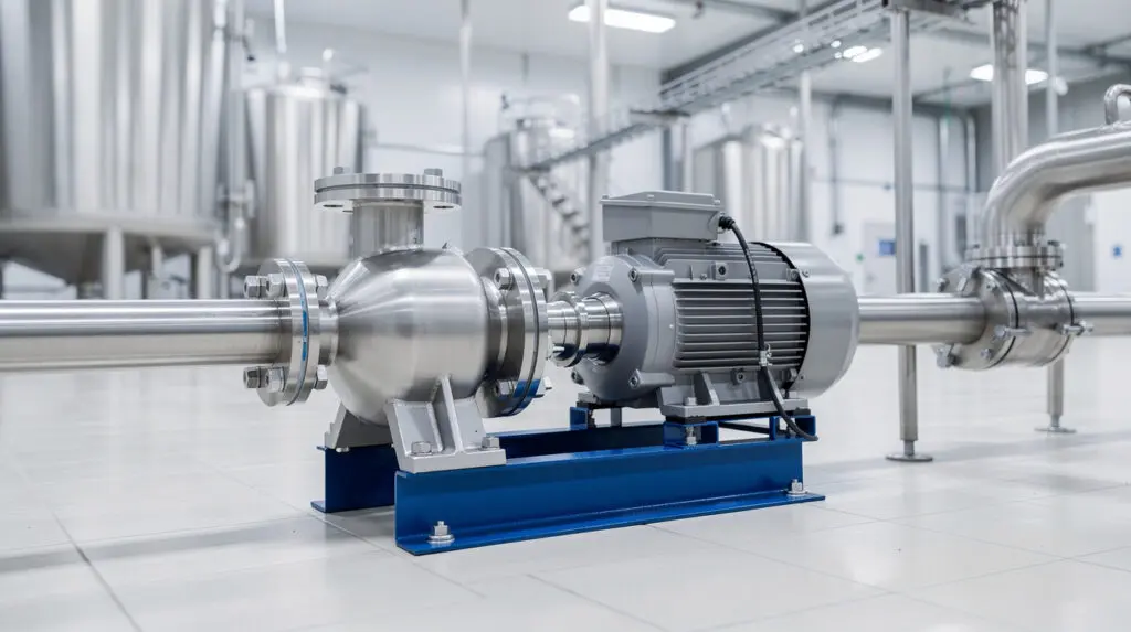 Hygienic stainless steel centrifugal pump installed in a dairy processing plant