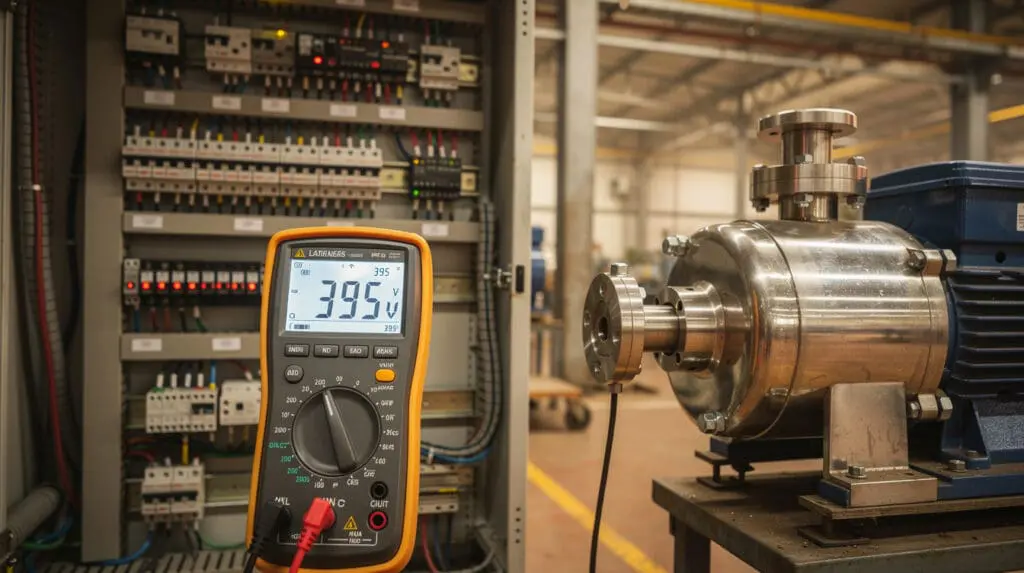 Industrial electrical control panel and multimeter reading near a stainless steel motor