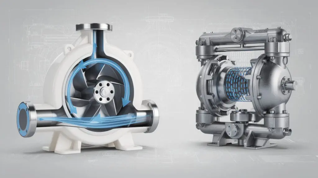 Internal mechanics comparison of PP centrifugal pump versus AODD pump showing flow profiles