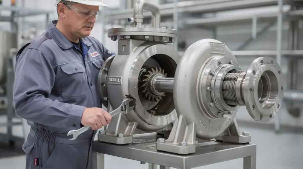 Maintenance engineer demonstrating back-pullout feature of industrial centrifugal pump