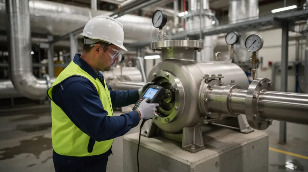 Plant engineer diagnosing SS centrifugal pump vibration with a digital meter on the factory floor