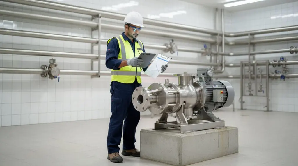 Plant engineer inspecting a stainless steel centrifugal pump in a dairy processing plant