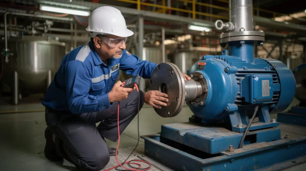Senior engineer inspecting a PP centrifugal pump installation in a chemical plant