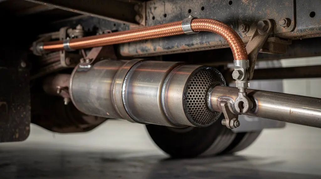 Spark arrestor and grounding cables on a diesel bowser for PESO safety compliance