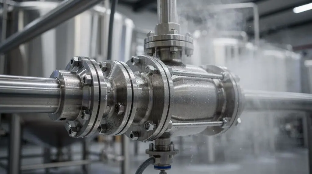Stainless steel brewery pump integrated into sanitary CIP piping system