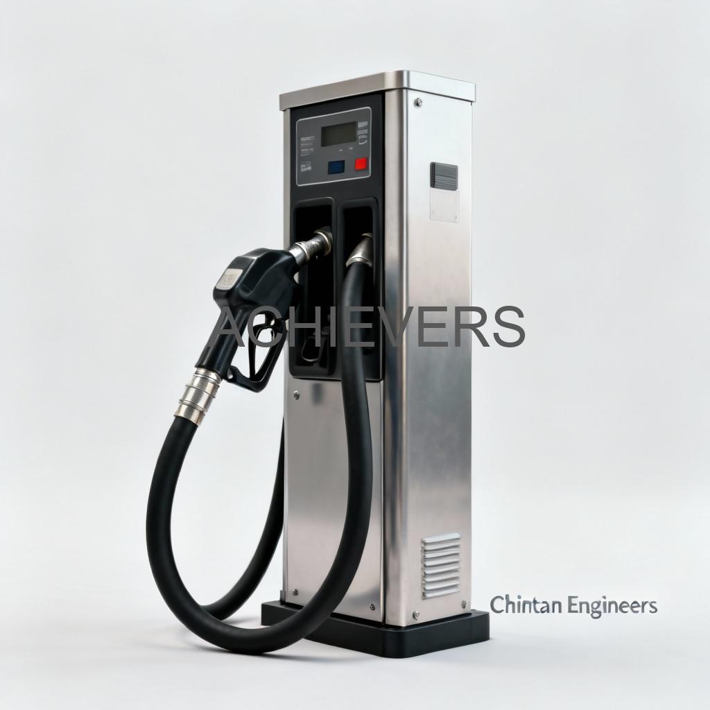 Close-up of Diesel Dispenser installed on a concrete island showing the nozzle assembly, digital display, and heavy-duty metal casing suitable for industrial sites