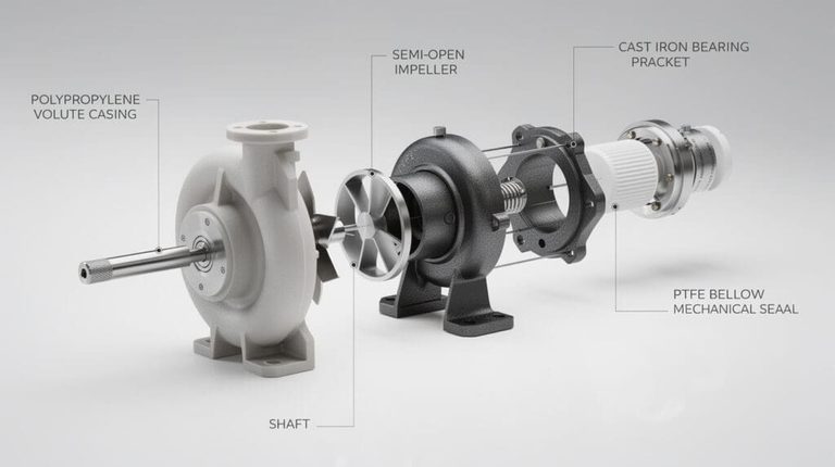 Exploded view of engineered polypropylene centrifugal pump components