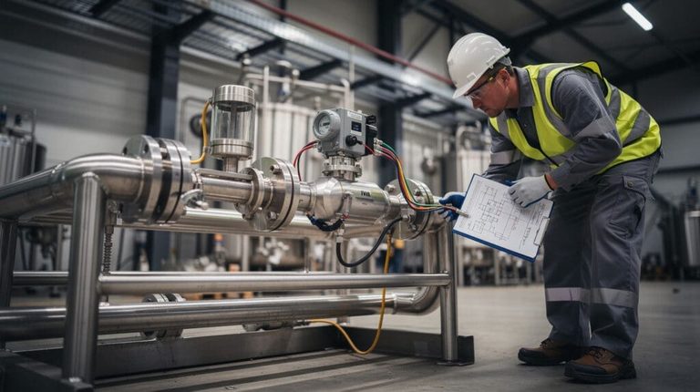 Plant engineer troubleshooting a liquid batching system skid in an industrial chemical facility