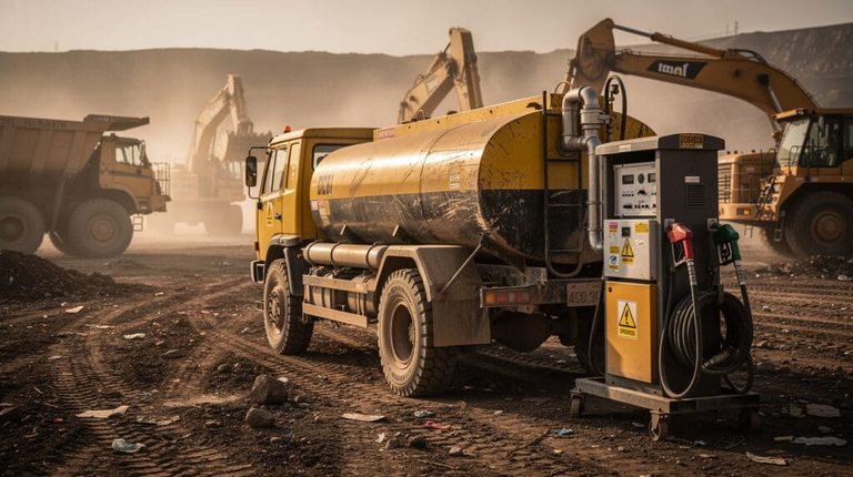PESO approved mobile fuel dispenser mounted on a heavy-duty diesel bowser at an industrial site
