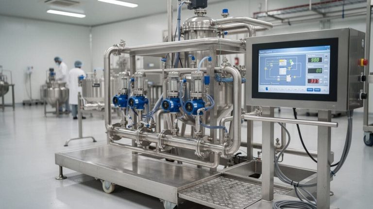 Stainless steel liquid batching system skid with PLC panel and pneumatic valves