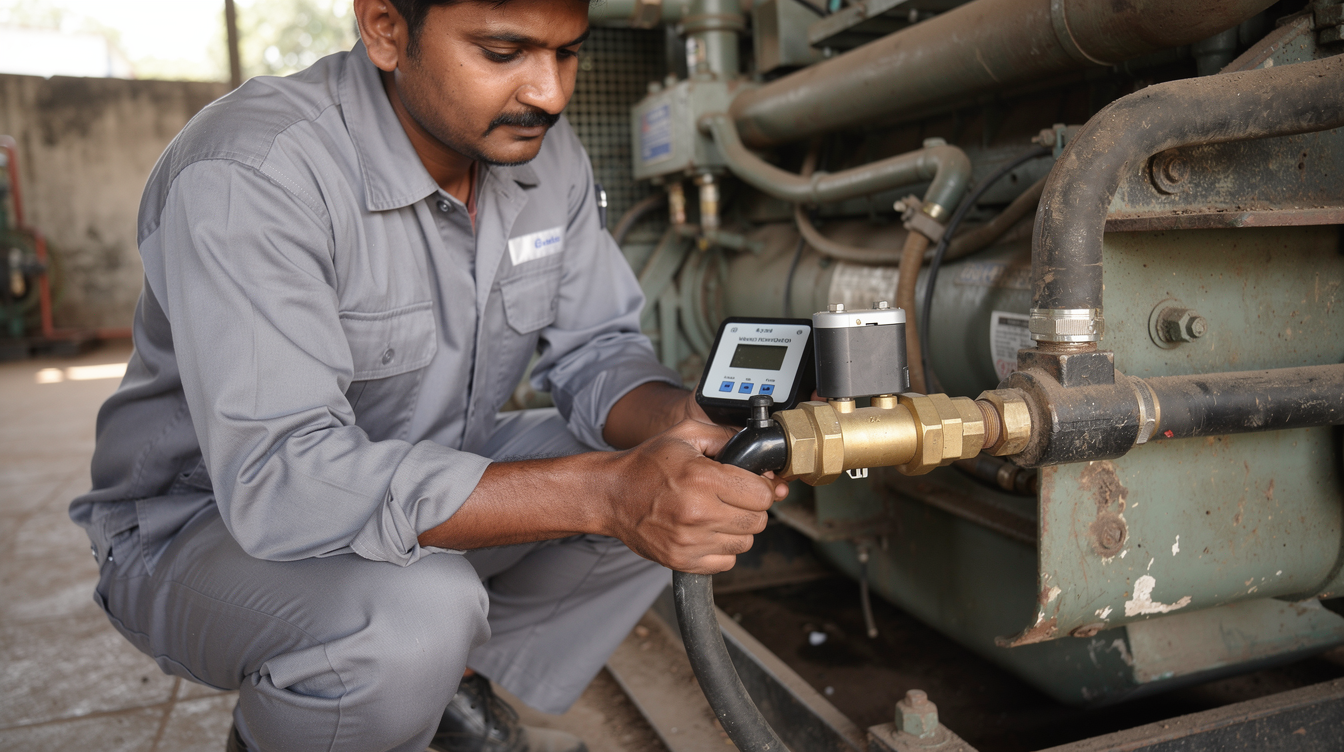 Technician installing a fuel consumption meter with dual sensors on a generator fuel line